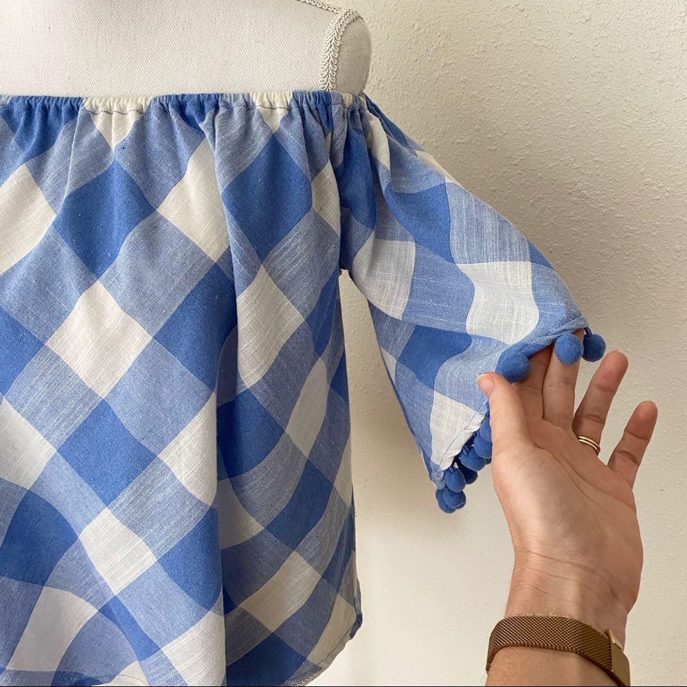 Gingham Off-the-Shoulder Pom Pom Blouse - Picture 6 of 6